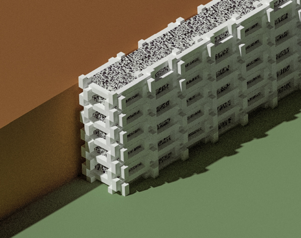 Detalhe de projeto 3D Renderizado de Muro de Gabião
